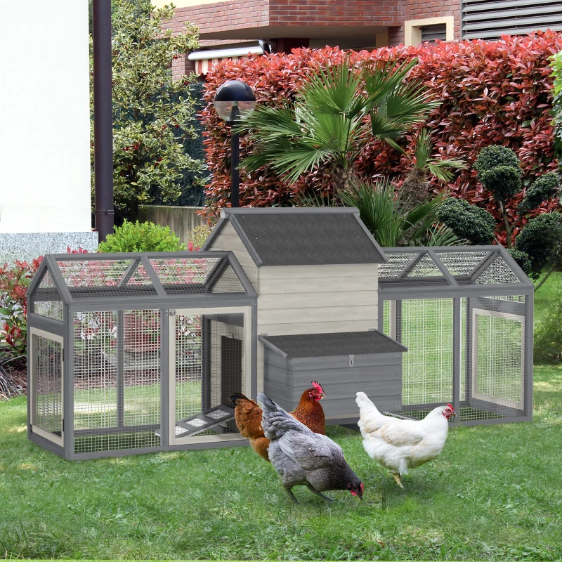 PawHut 100" Chicken Coop Wooden Chicken House Large Rabbit Hutch Poultry Cage Backyard with Double Run, Nesting Box, Gray