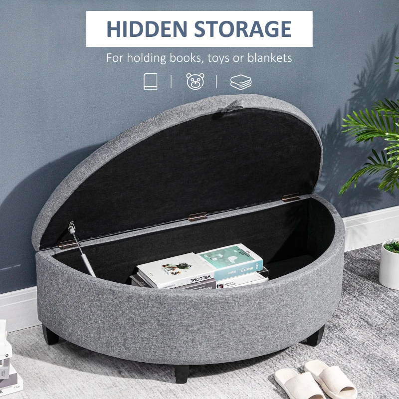 HOMCOM Half Moon Storage Ottoman, Upholstered Button Tufted Storage Bench with Lift Lid and Wood Legs, for Living Room, Entryway, Gray