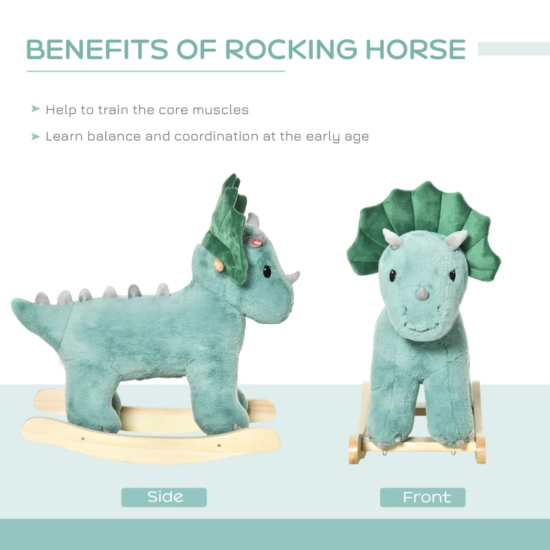 Qaba Kids Plush Ride-On Rocking Horse Triceratops-shaped Plush Toy Rocker with Realistic Sounds for Child 36-72 Months Green