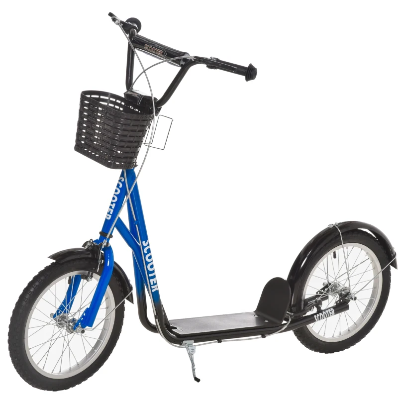 Aosom Youth Scooter, Kick Scooter with Adjustable Handlebars, Double Brakes, 16" Inflatable Rubber Tires, Basket, Blue