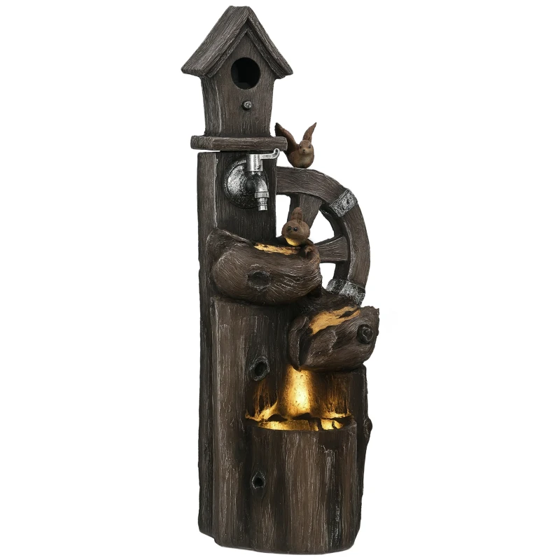 Outsunny Outdoor Water Fountain, Decorative Garden Birdhouse, 3-Tier Cascading Waterfall with LED Lights and Water Wheel