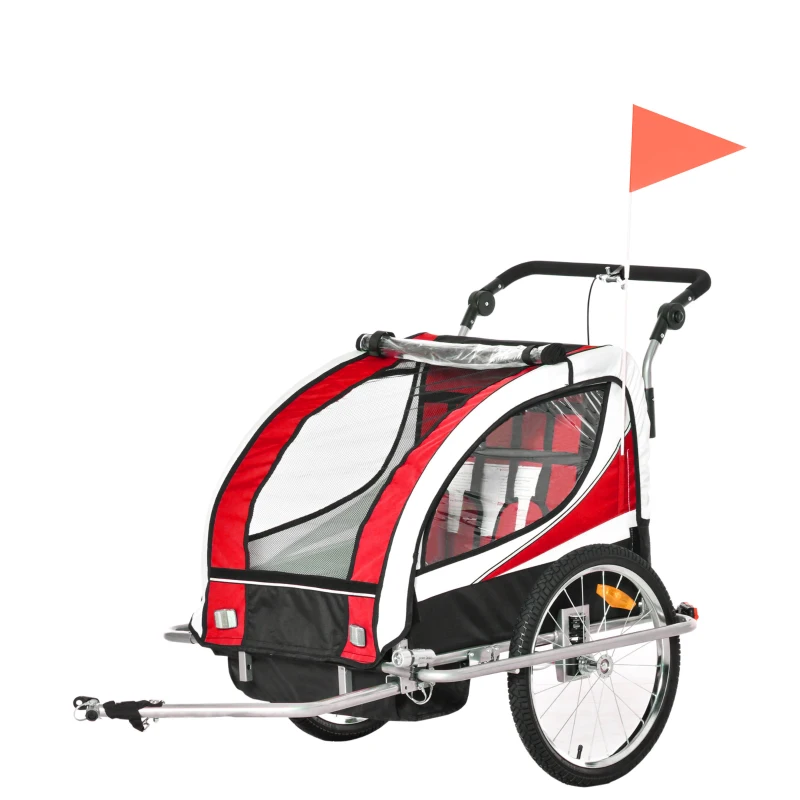 Aosom Foldable Bike Trailer for Kids, Toddler Carrier with 2 Seats, Safety Flag, Light Reflectors, & 5 Point Harness, Red