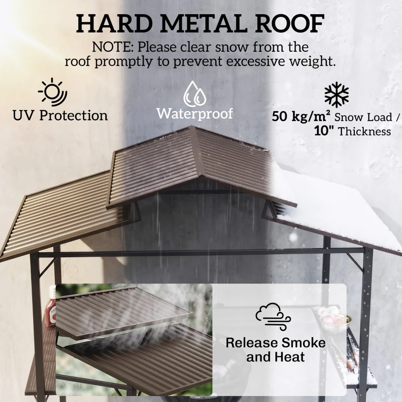 Outsunny 8 x 5ft Hardtop Grill Gazebo with Double Metal Roof, 2 Side Shelves and 4 Cup Holders for Patio Backyard Lawn Deck
