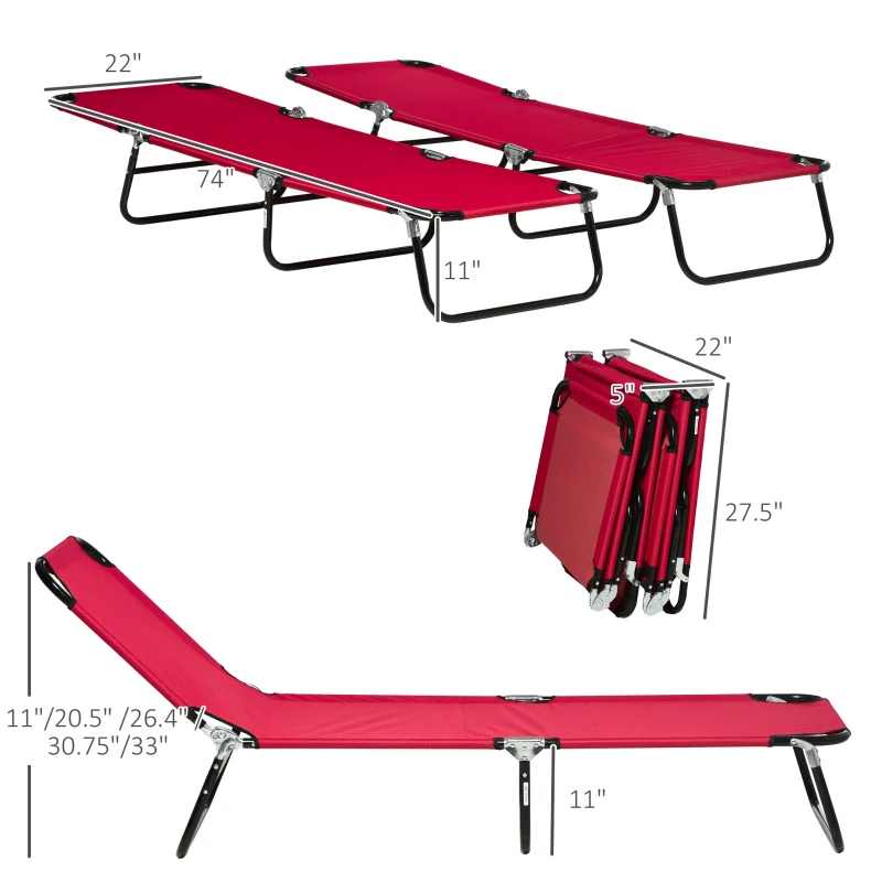 Outsunny 2 Piece Folding Chaise Lounge Pool Chairs, Outdoor Sun Tanning Chairs with 5-Level Reclining Back, Steel Frame, Red