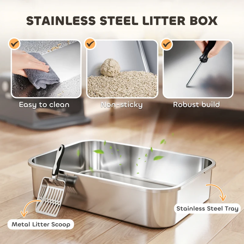 PawHut Stainless Steel Cat Litter Box with Flip Lid, XXL Enclosed Litter Box, High Sided, Step, Metal Scoop, 2 Deodorizing Bags
