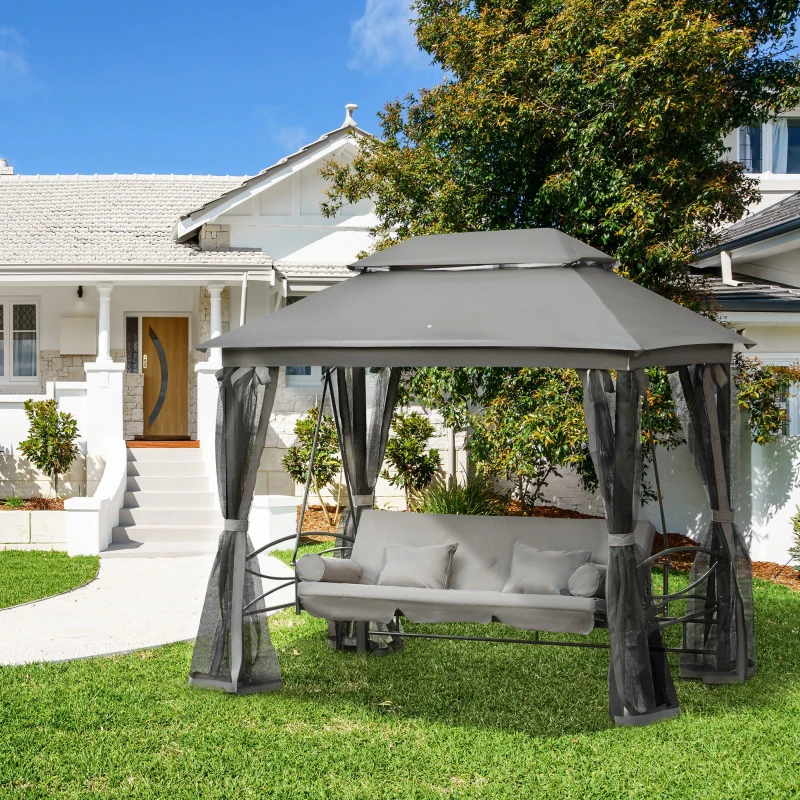 Outsunny 3-Seat Patio Swing Chair, Outdoor Gazebo Swing with Double Tier Canopy, Mesh Sidewalls, Cushioned Seat and Pillows, Gray