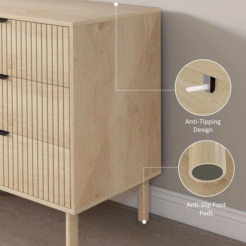 HOMCOM Chest of Drawers, 4 Drawer Dresser with Fluted Panels and Solid Wood Legs, Storage Cabinet for Living Room, Oak