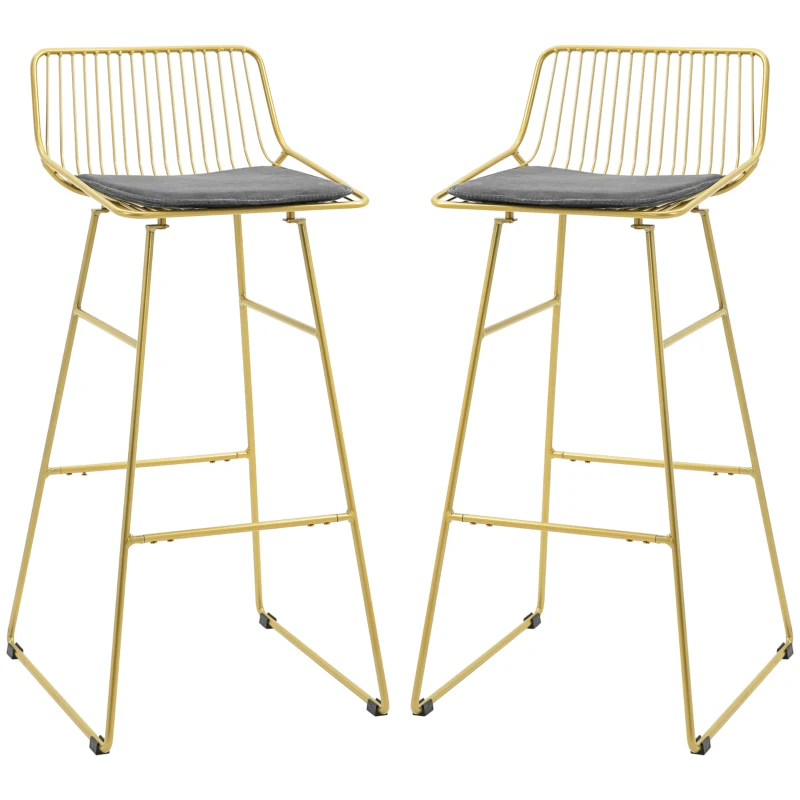 HOMCOM Modern Bar Stools Set of 2, Metal Wire Bar Height Barstools, 30 Inch Bar Chairs for Kitchen with Removable Cushion, Back and Footrest, Gold
