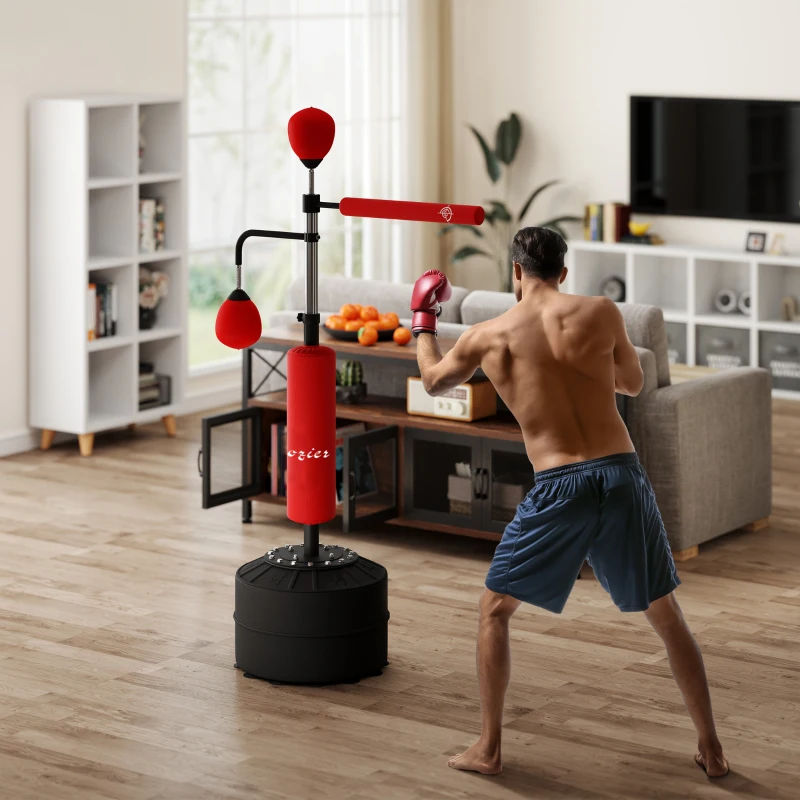 Soozier 4-in-1 Boxing Punching Bag Stand with 2 Speedballs, 360° Relax Bar, & PU-Wrapped Bag & Adjustable Height, Red