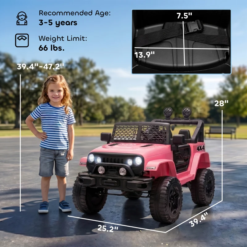 Aosom 12V Kids Ride On Truck with Parent Remote Control, Battery Powered Electric Car with Spring Suspension, Adjustable Speed, LED Lights and Horn, Pink