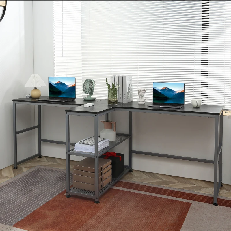 HOMCOM 83" Two Person Computer Desk with 2 Storage Shelves, Double Desk Workstation with Book Shelf, Long Desk Table, Black