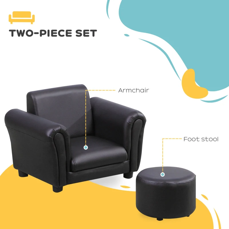 Qaba Kids Sofa Set with Footstool, Upholstered Armchair for Kids 18M+, Baby Sofa for Playroom, Children's Bedroom, Nursery Room, Black