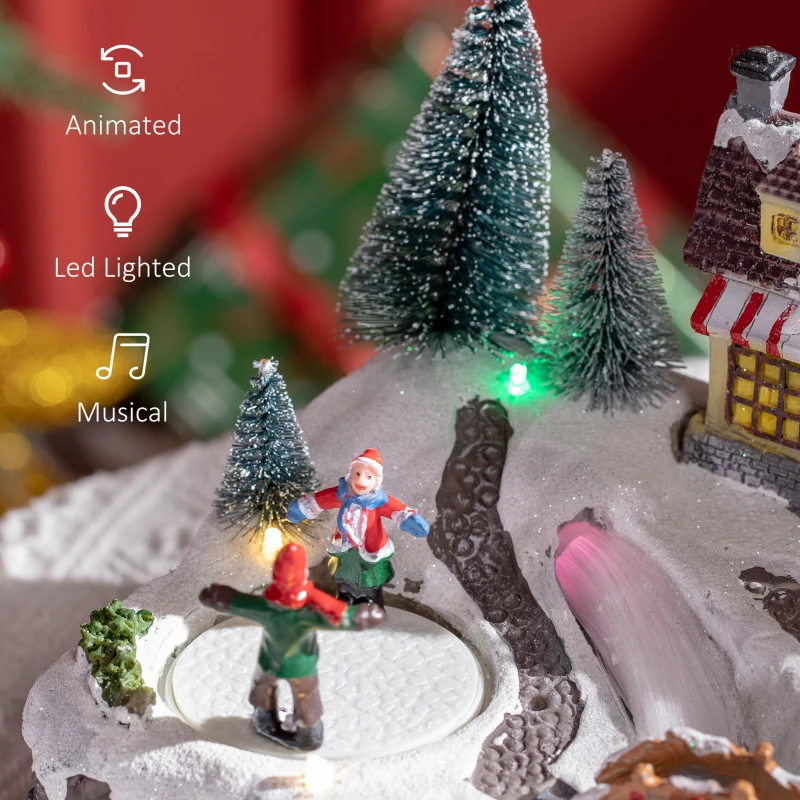 HOMCOM Animated Christmas Village Scene, Pre-Lit Musical Holiday Decoration with LED Lights, Fiber Optic, Rotating Skating Pond and 2 Skaters