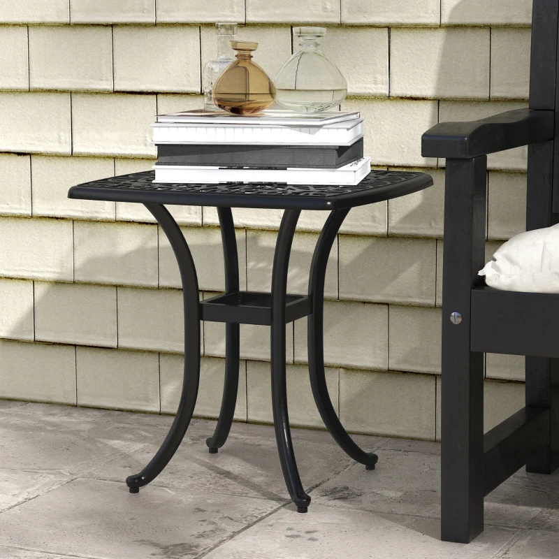Outsunny 21" Square Outdoor End Table, Cast Aluminum Patio Side Table with Umbrella Hole for Garden, Balcony, Poolside, Black
