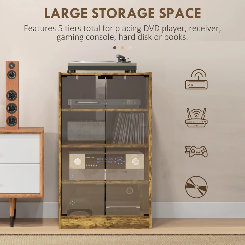 HOMCOM 5-Tier Media Cabinet, Media Stand with Adjustable Shelves, Tempered Glass Doors, and Cable Management, Rustic Brown