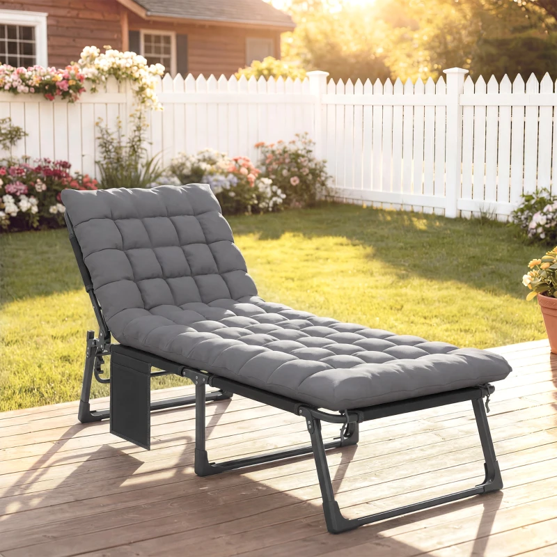 Outsunny Folding Chaise Lounge Chair Outdoor Tanning Chair with 5-Position Backrest, Cushion, Side Pocket, Dark Gray