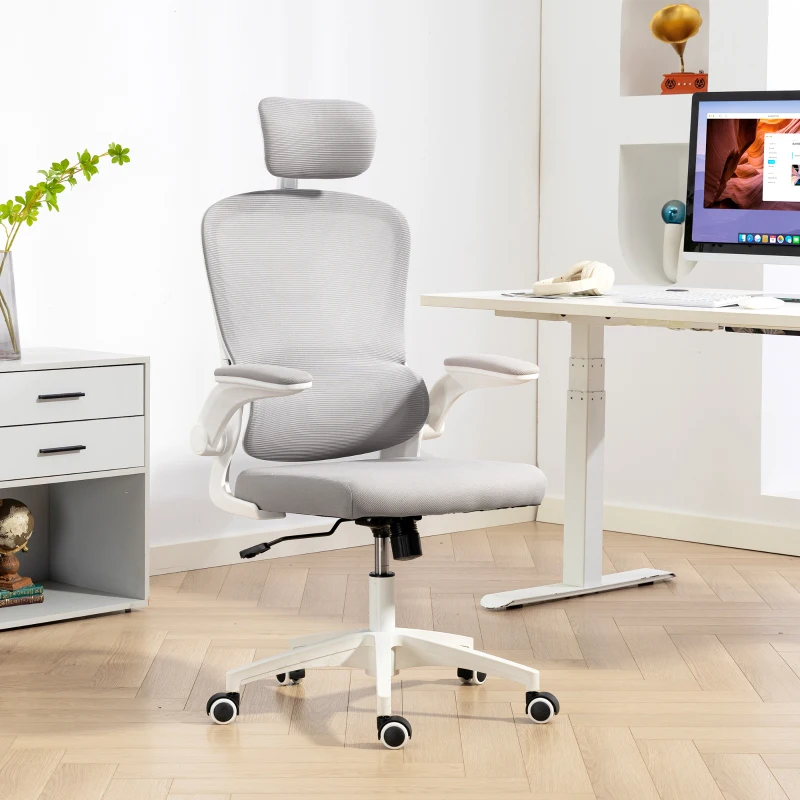 HOMCOM Ergonomic Mesh Office Chair, High Back Desk Chair with Rotatable Headrest, Flip-Up Armrests, Lumbar Support, Grey