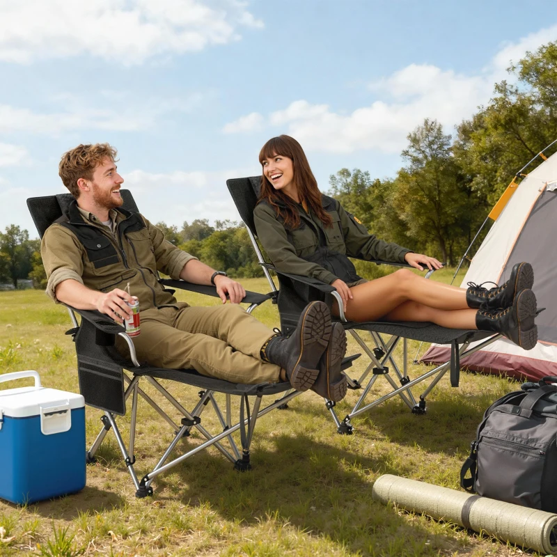 Outsunny Set of 2 Reclining Camping Chair with Foot Rest, Folding Camping Chair w/ Headrest, Cup Holder, Storage Bag, Black