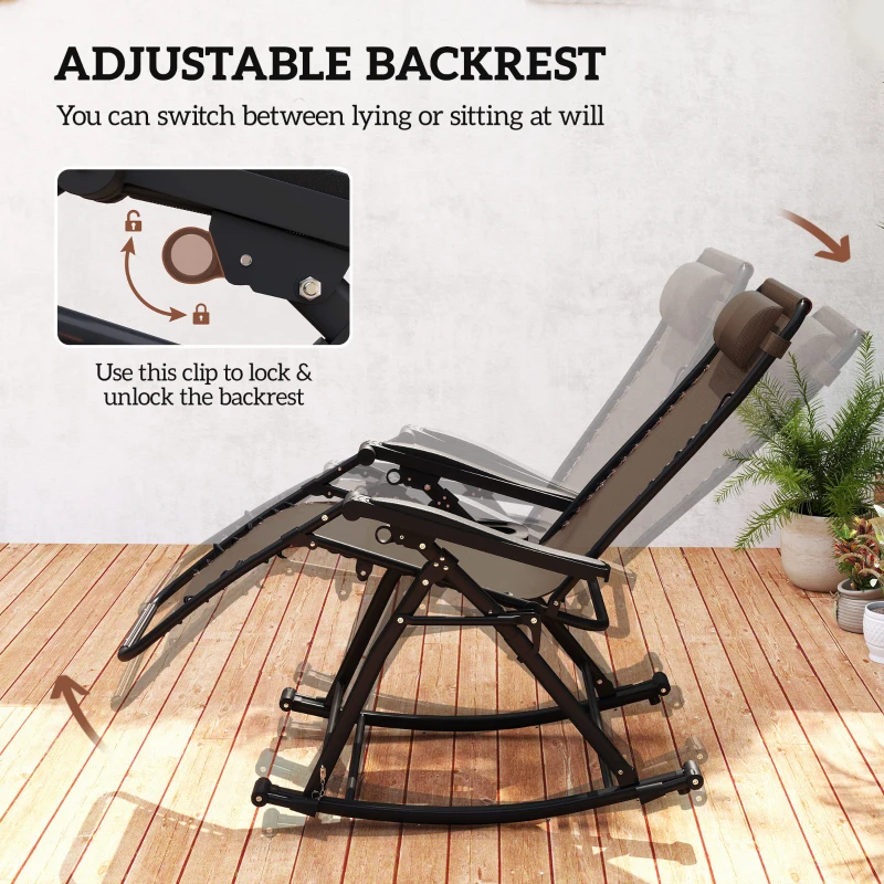 Outsunny Outdoor Rocking Chairs, Foldable Reclining Zero Gravity Lounge Rocker with Pillow, Cup & Phone Holder, Combo Design with Folding Legs, Brown