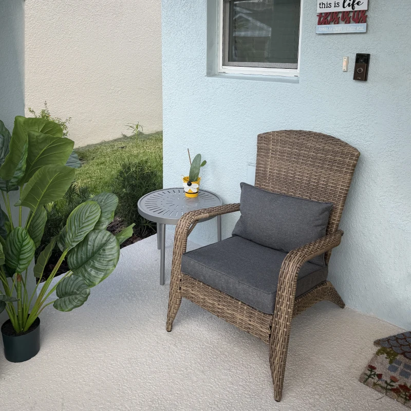 Outsunny Patio Adirondack Chair with Rattan Wicker, Soft Cushions, Tall Curved Backrest for Deck or Garden, Charcoal Gray