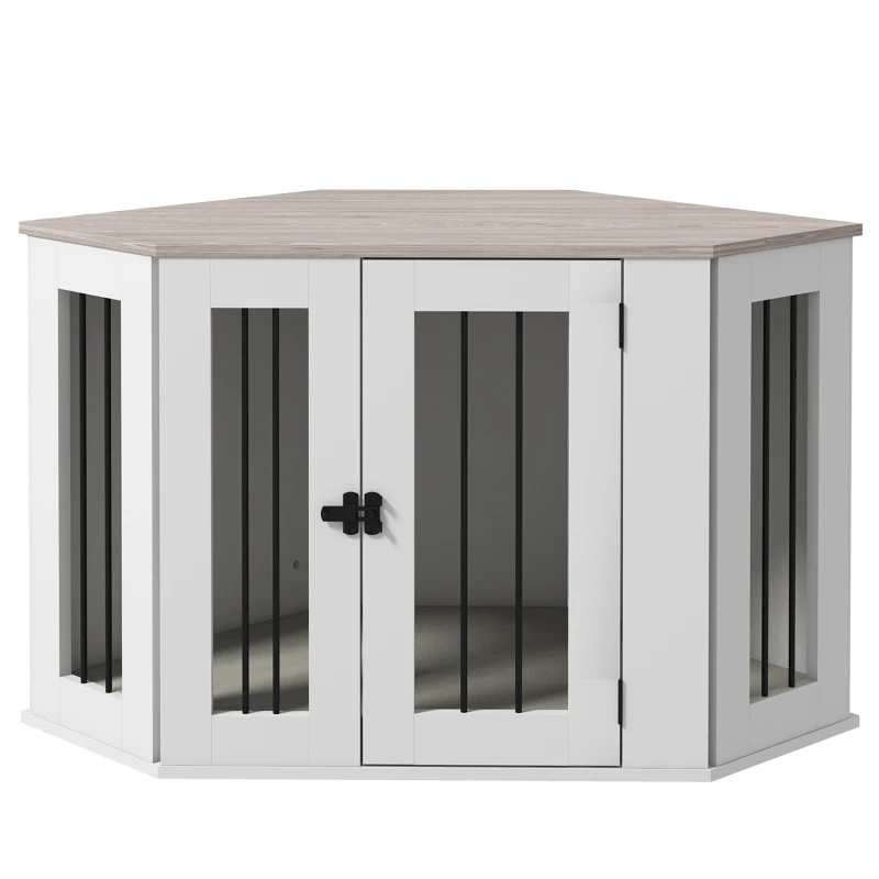 PawHut Dog Crate Furniture with Cushion, 41 Inch Corner Design Dog Crate End Table for Medium Dogs, Multi Colour