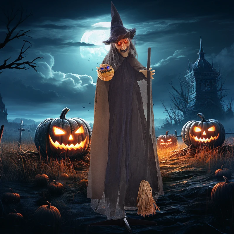 HOMCOM 6.2' Life Size Decoration Animatronic Witch w/ Broomstick Outdoor Halloween, Sound & Motion Activated w/ Light Up Eyes