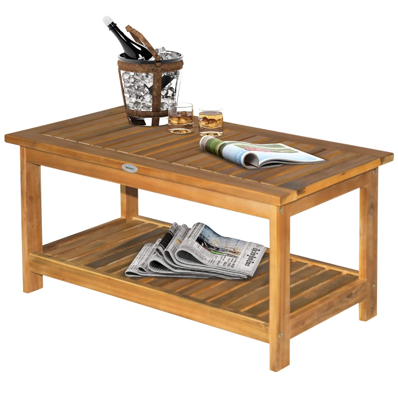 Outsunny 36" Outdoor Coffee Table 2-Shelf Acacia Wood Rectangular Buffet Storage Organizer Natural Finish Teak Patio, Deck, Lawn, Garden