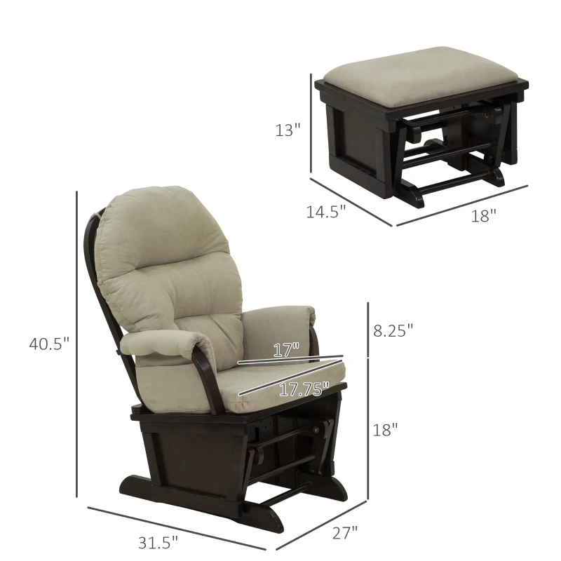 HOMCOM Nursery Glider Rocking Chair with Ottoman, Thick Padded Cushion Seating and Wood Base, Cream White
