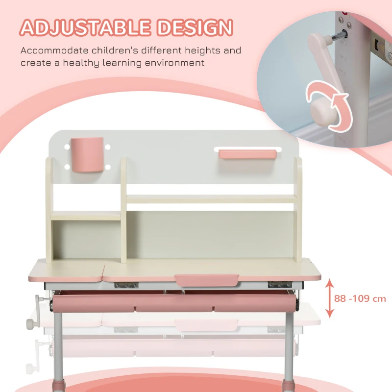 Qaba Wooden Kids Study Desk, Height Adjustable Children School Study Table, Student Writing Desk with Tilt Desktop, Pink