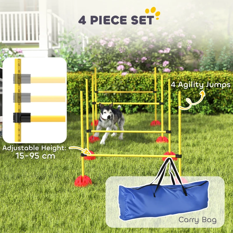 PawHut Dog Agility Training Equipment, 4 PCS Obstacle Course with Height Adjustable Jump Hurdle and Bag, Yellow