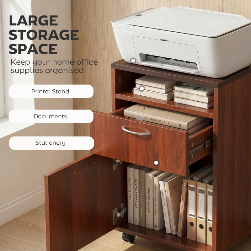 HOMCOM Mobile Storage Cabinet Organizer with Drawer and Cabinet, Printer Stand with Castors, Brown