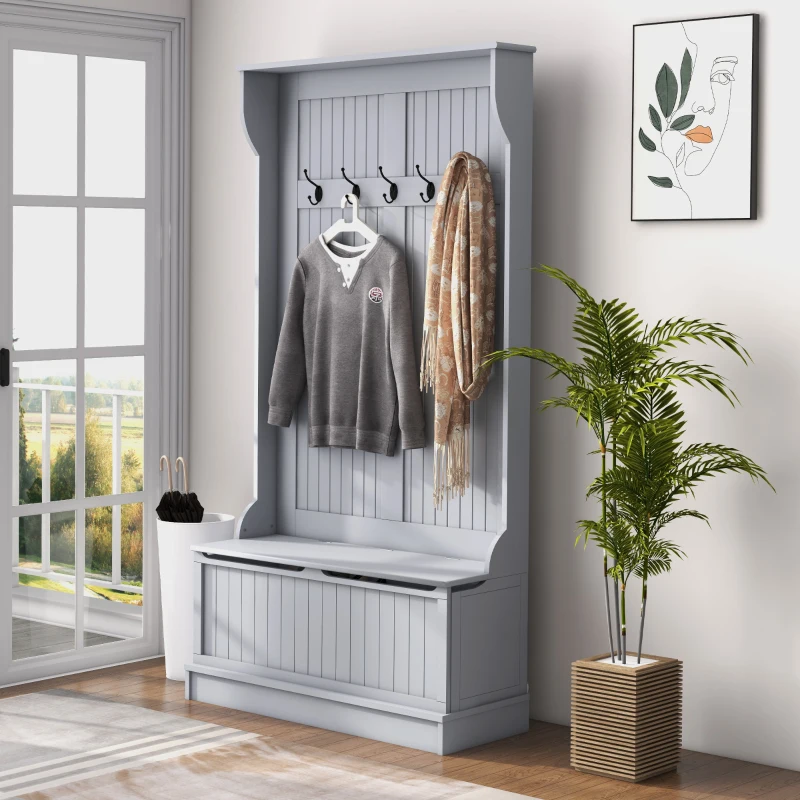 HOMCOM 3-In-1 Entryway Bench with Coat Rack, Hall Tree with Bench and Shoe Storage, 5 Hooks for Hallway