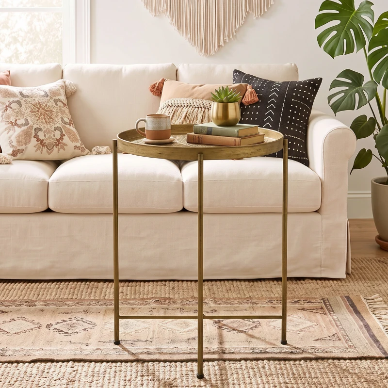 HOMCOM Coffee Table for Living Room, 18" Round Center Table with Hammered Tray Top and Metal Frame for Bedroom, Gold