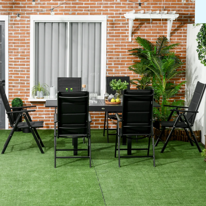 Outsunny 7 Piece Patio Dining Set for 6, Outdoor Aluminum Frame Dining Furniture Set with Expandable Table, Folding & Reclining Chairs with Mesh Fabric Seats, Black