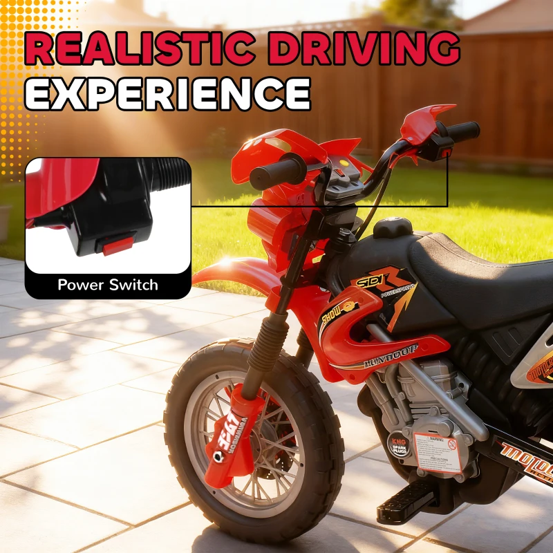 Aosom 6V Kids Motorcycle, Electric Motorcycle with Dirt Bike Style, Street Bike Design Battery Powered Ride On Toy with Training Wheels, Headlight, Music, Ages 5-8, Red