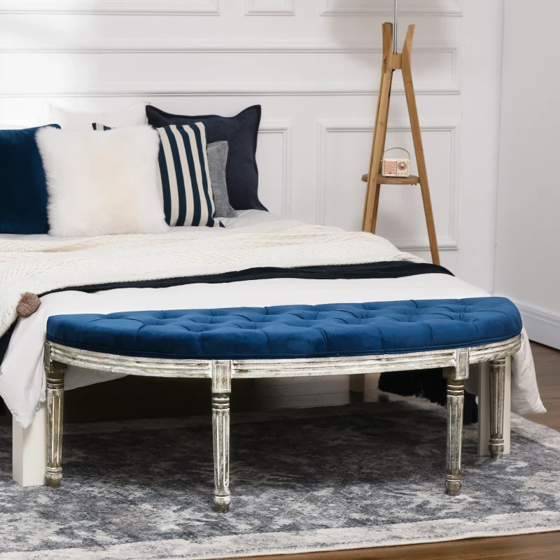 HOMCOM Vintage Semi-Circle End of Bed Bench, Upholstered Bedroom Entryway Bench with Tufted Velvet-Touch Fabric with Rubberwood Legs, Blue
