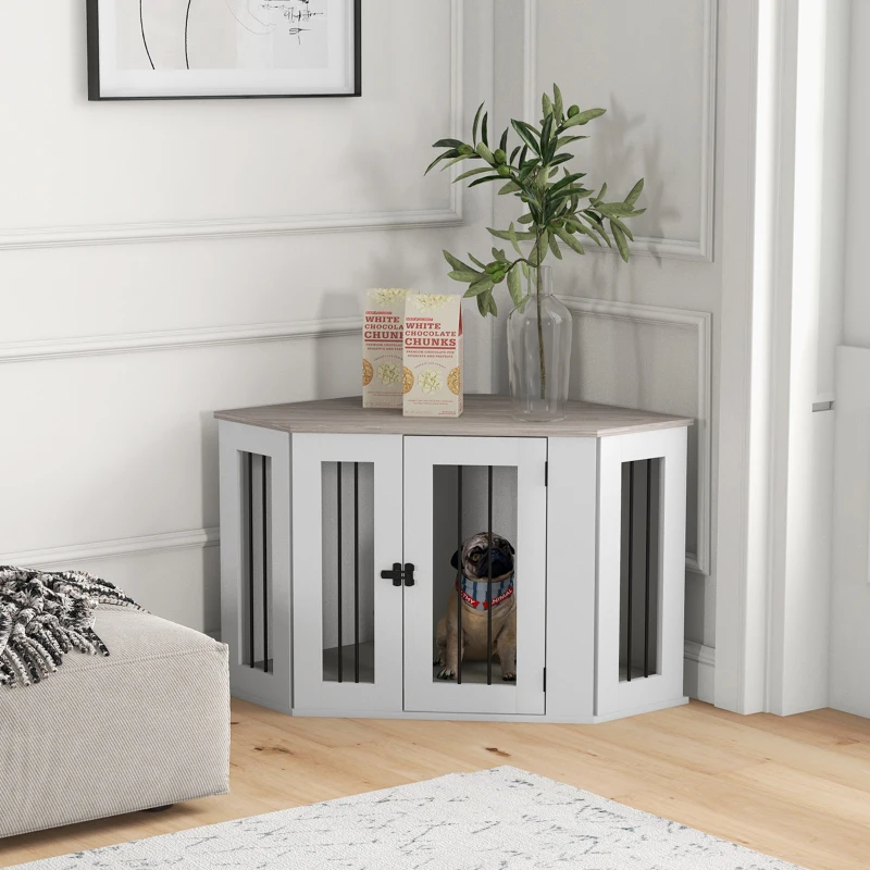 PawHut Dog Crate Furniture with Cushion, 41 Inch Corner Design Dog Crate End Table for Medium Dogs, Multi Colour