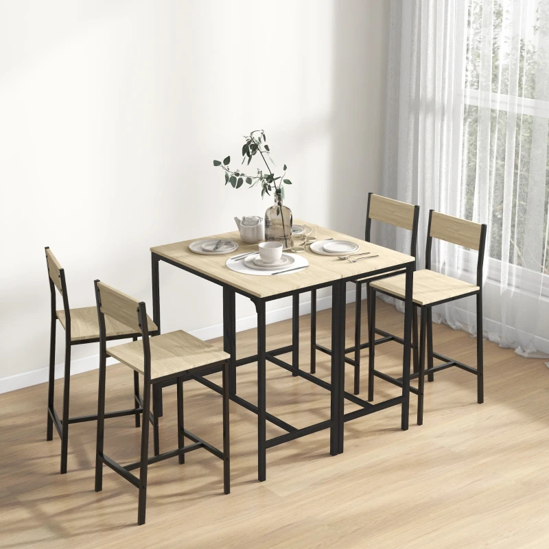 HOMCOM 3 Piece Pub Table and Chairs for 2, Bar Table and Stools with Footrest for Small Space, Oak