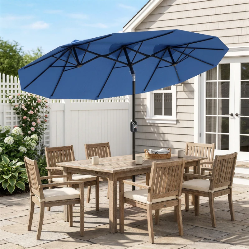 Outsunny Double-sided Patio Umbrella, 9.5' Outdoor Umbrella with Push Button Tilt and Crank, 3 Air Vents and 12 Ribs, Navy Blue