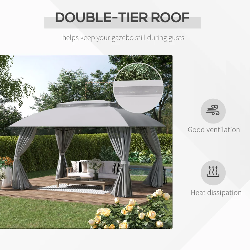 Outsunny 10' x 13' Outdoor Gazebo Patio Gazebo Canopy, Double Vented Roof, Steel Frame, Curtain Sidewalls, Sun Shade Shelter for Garden, Lawn, Backyard, Deck, Gray