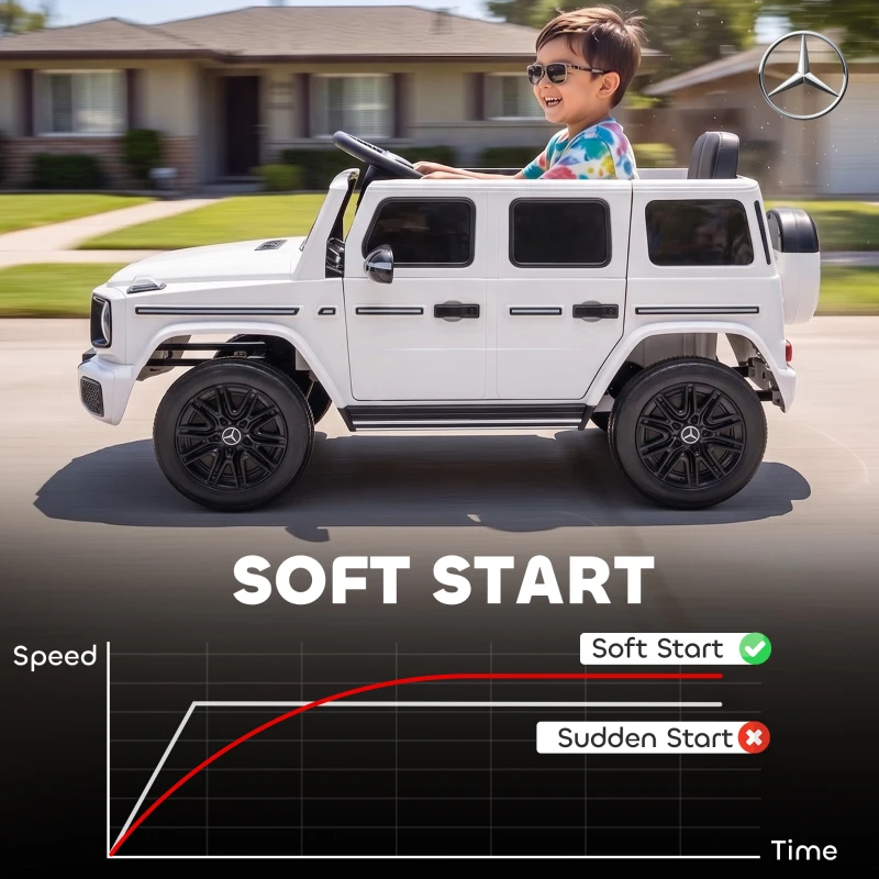 Qaba Licensed Mercedes-Benz G580 12V Kids Ride On Car with Remote, Soft Start, Headlights, Seat Belt, Music, USB, Horn, White
