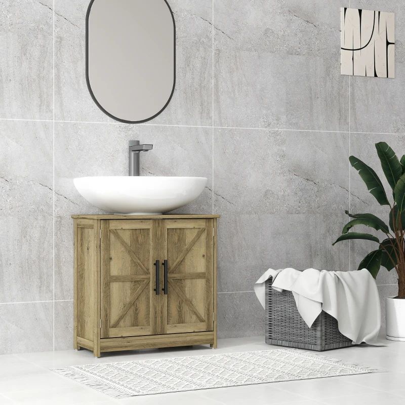 HOMCOM Farmhouse Pedestal Sink Storage Cabinet, Bathroom Sink Cabinet with 2 Barn Doors and Adjustable Shelf, Light Gray