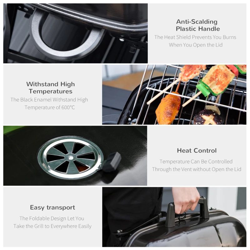 Outsunny 14" Portable Grill, Small Charcoal Grill for Outdoor Cooking, BBQ, Camping, Enamel Coated, Folding Legs, Black