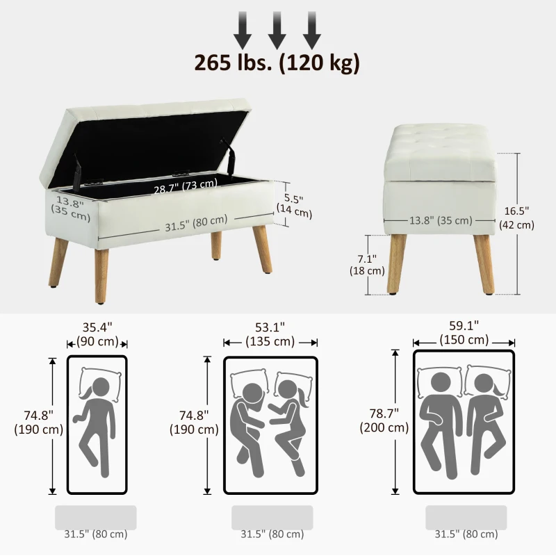 HOMCOM Storage Ottoman with Lid, Velvet Upholstered Storage Bench with Wood Legs for Living Room, Cream White
