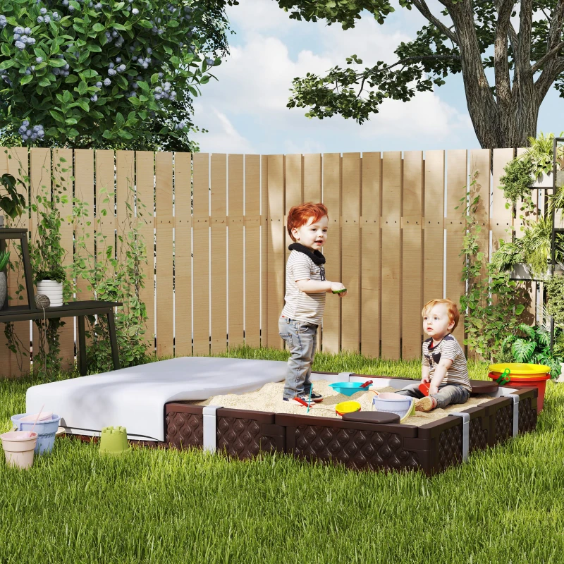 Qaba Kids Sandbox with Cover, 4 Corner Seats, Bottom Liner for Backyard, Garden, Outdoor, 73" x 47" x 9", Dark Brown