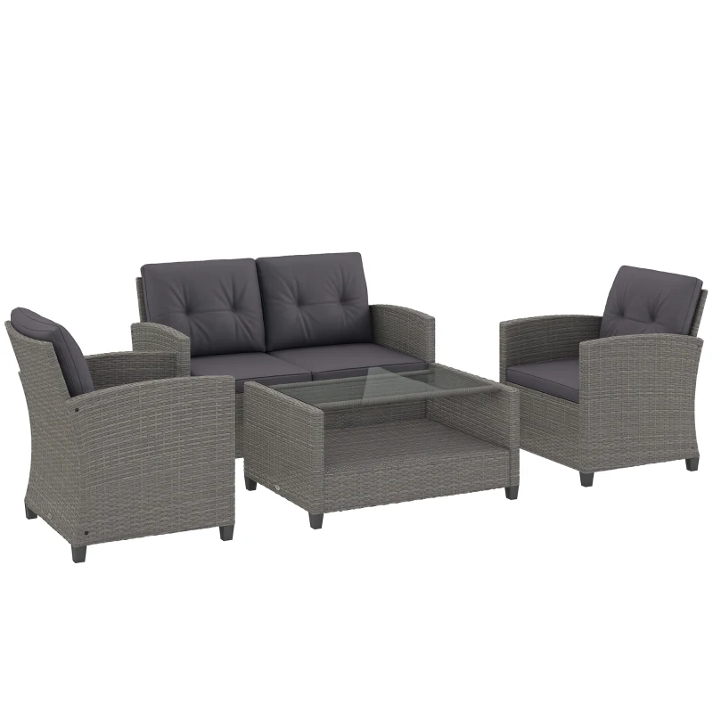 Outsunny 4 Piece PE Rattan Wicker Patio Furniture Set with Two-tier Coffee Table and Cushions, Charcoal