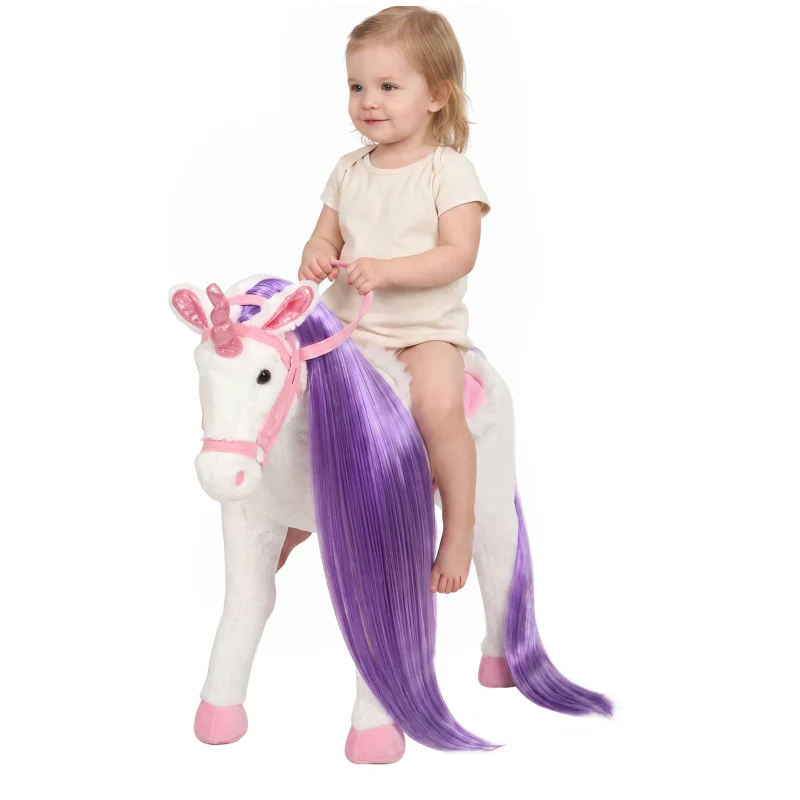 Qaba Ride on Horse for Kids 2+ Years, Toddler Riding Horse with Neighing, Stuffed Animal Horse Toy with Padding, White