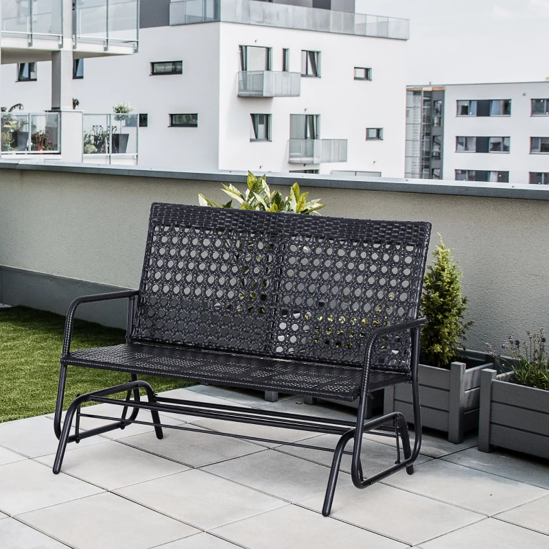 Outsunny Patio 2-Person Wicker Glider Bench Swing Gliding Chair, Outdoor All-Hand Woven PE Rattan Loveseat w/ Ergonomic Design for Patio, Garden, Porch, Lawn, Black