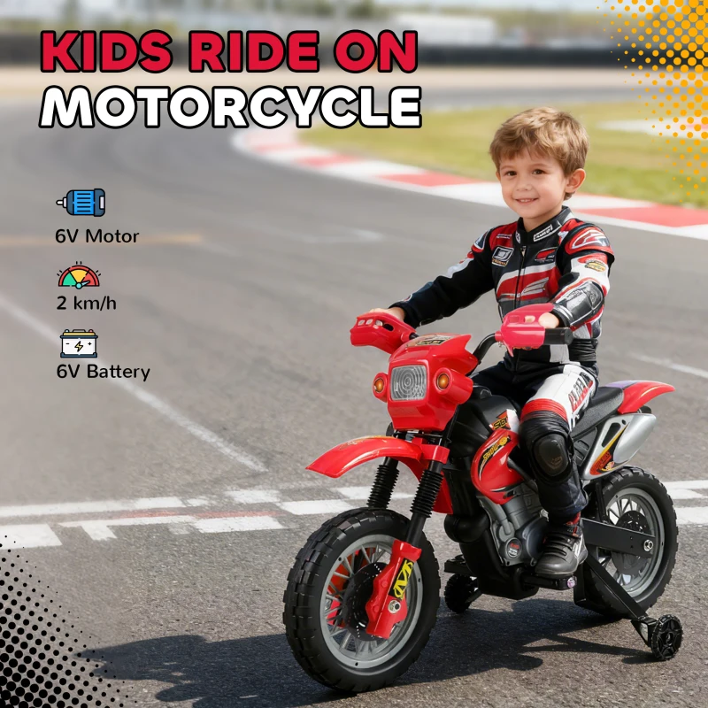 Aosom 6V Kids Motorcycle, Electric Motorcycle with Dirt Bike Style, Street Bike Design Battery Powered Ride On Toy with Training Wheels, Headlight, Music, Ages 5-8, Red