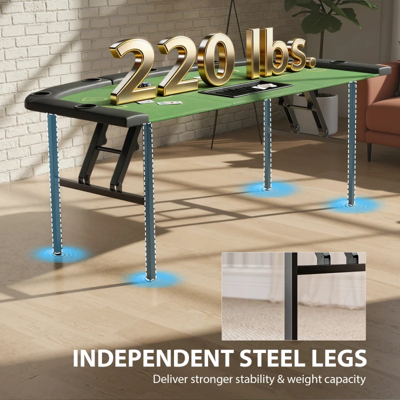 Soozier Poker Table Foldable, 72" Portable Casino Blackjack Table for 8 Players with Felt Surface, Cup Holders, Green
